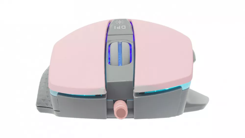 Myš White Shark Gareth GM-5009 pink na bielom pozadí s viditeľným RGB podsvietením a ergonomickým tvarom pre pravákov